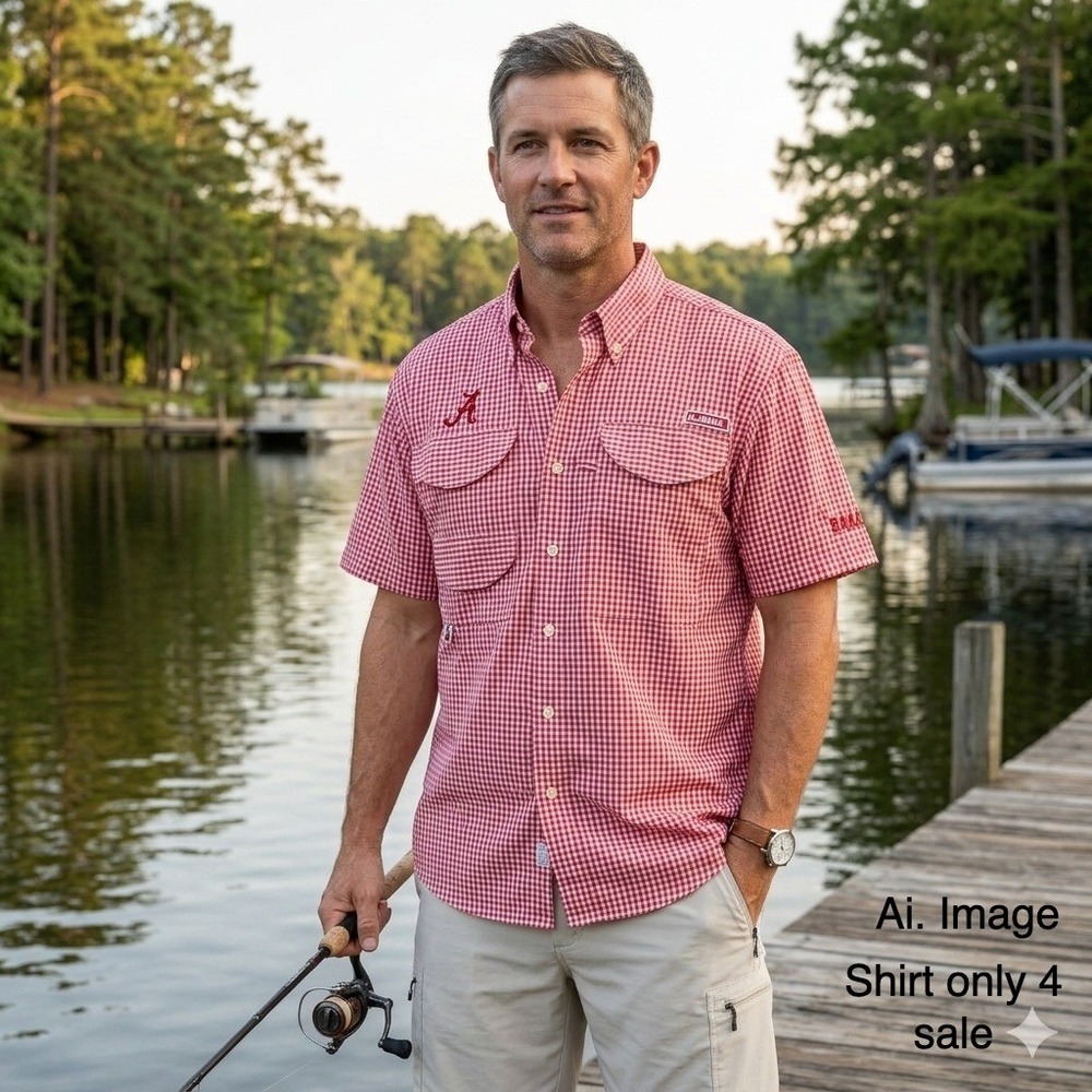 Alabama Crimson Tide Men M Red White Gingham Fishing Shirt Bama Southern Coastal